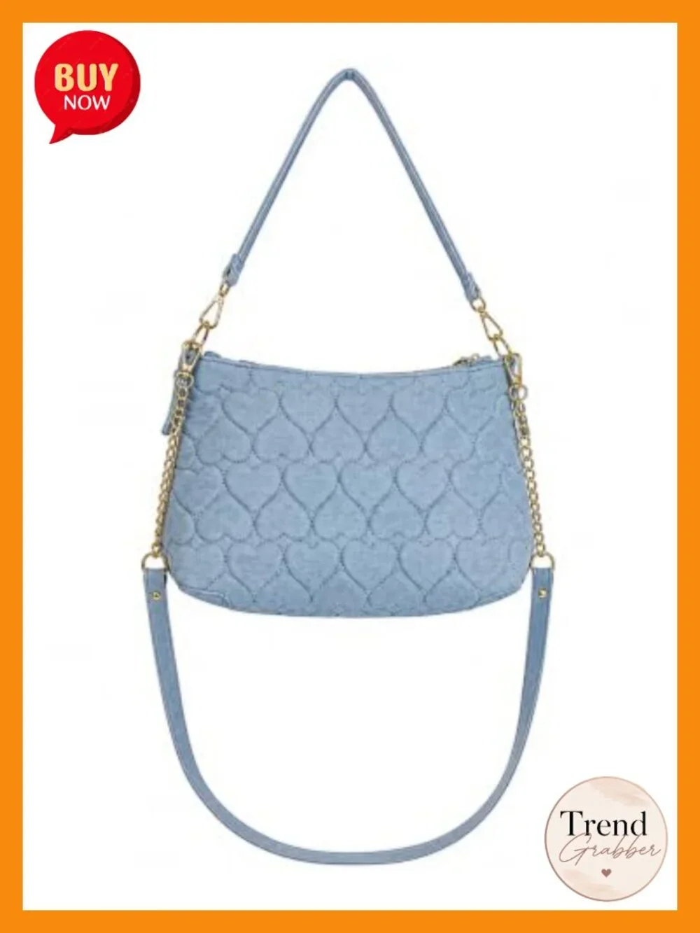 Heart Quilted Denim Shoulder Bag with Convertible Crossbody Strap, Scarf Charm